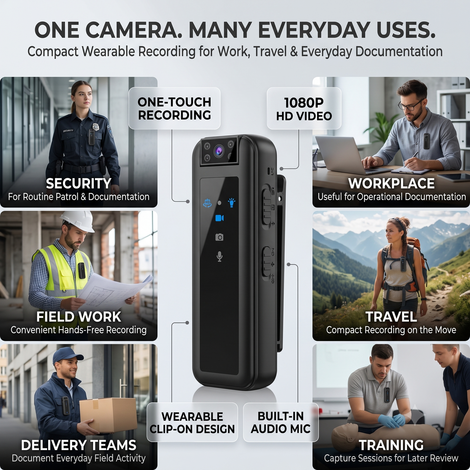 CAMLEIGH Mini Body Camera | 1080P Full HD Wearable Pocket Video and Audio Recorder with Back Clip, One-Touch Recording, Loop Recording and Built-In Battery (Black) - Image 2