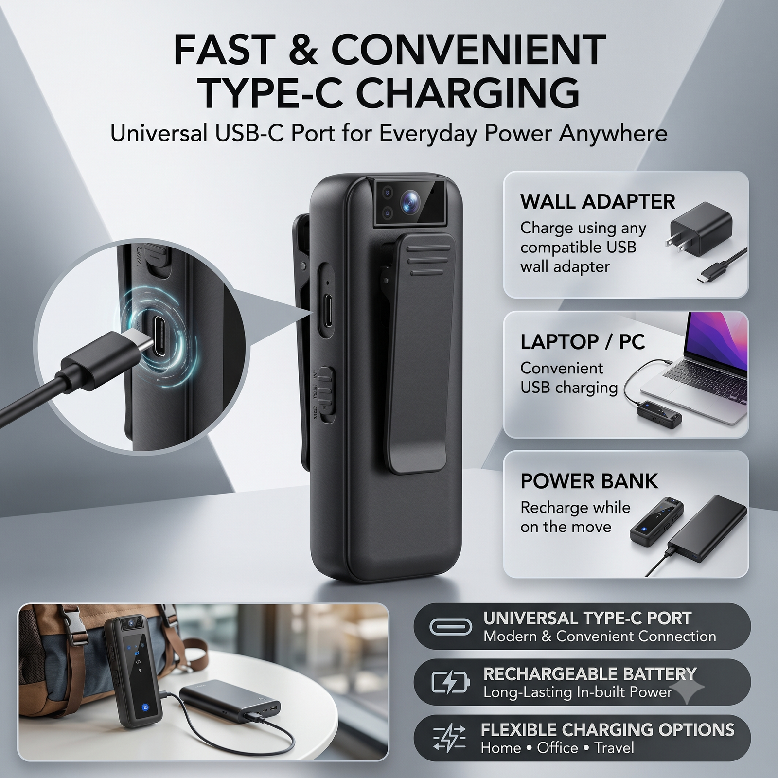 CAMLEIGH Mini Body Camera | 1080P Full HD Wearable Pocket Video and Audio Recorder with Back Clip, One-Touch Recording, Loop Recording and Built-In Battery (Black) - Image 3